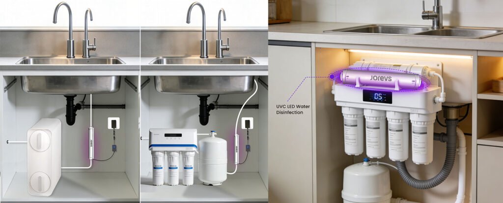 UVC LED module integrated in under sink RO water purifier system